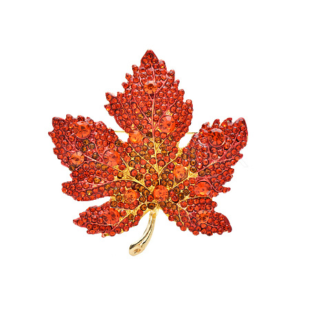 Autumn Maple Leaf Light Gold Alloy Rhinestone Brooch Pins PW-WG57699-01-1