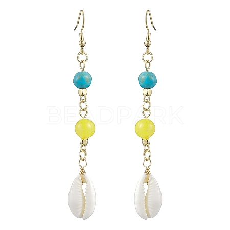 Cowrie Shell and Synthetic Turquoise & Natural Mashan Jade Dangle Earrings for Women EJEW-JE05814-1