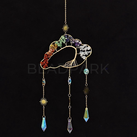 Natural Mixed Stone Copper Wire Wrapped Cloud with Tree of Life Hanging Ornaments PW-WG12109-02-1
