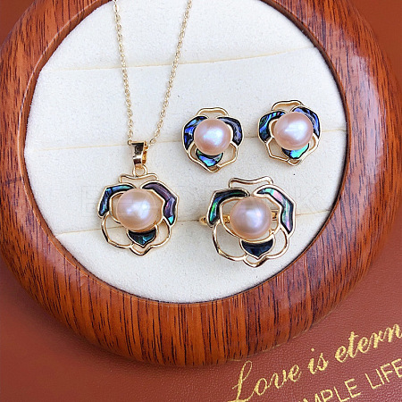 Camellia Alloy & Natural Freshwater Pearl & Natural Shell Pendant Necklace & Stud Earring & Ring FS-WG8E162-06-1