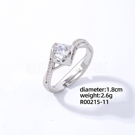 Rhombus Platinum Brass Adjustable Ring with Cubic Zirconia EG7863-8-1