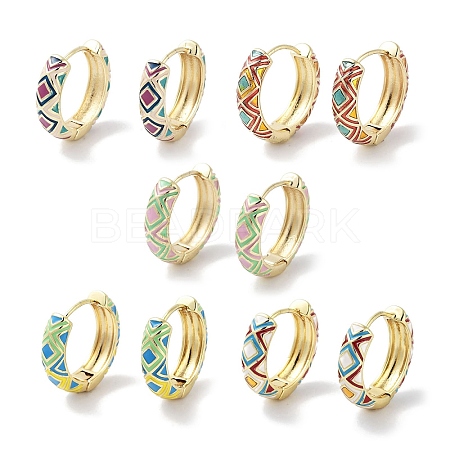 Real 18K Gold Plated Brass Enamel Rhombus Print Hoop Earrings for Women EJEW-L269-114G-1