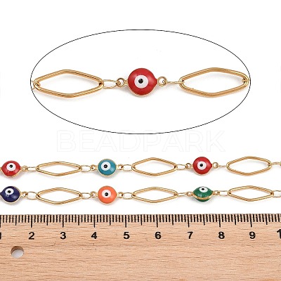 304 Stainless Steel Enamel Evil Eye & Rhombus Link Chains CHS-K021-13G-03-1