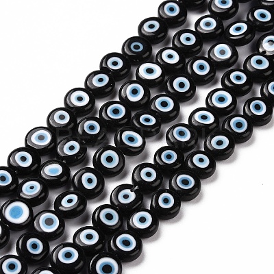 Handmade Evil Eye Lampwork Flat Round Bead Strands LAMP-L058-8mm-20-1