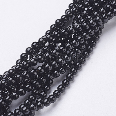 Natural Dyed & Heated Black Onyx Round Beads Strands X-GSR4mmC097-1
