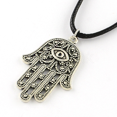 Hamsa Hand/Hand of Fatima/Hand of Miriam Zinc Alloy Pendant Necklaces NJEW-R228-72AS-1