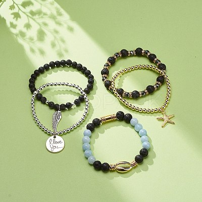 5Pcs 5 Style Natural Lava Rock & Natural Quartz & Synthetic Hematite Stretch Bracelets Set BJEW-JB08739-1