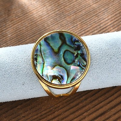 Flat Round 304 Stainless Steel Paua Shell Cuff Rings for Women RJEW-G346-02G-01-1
