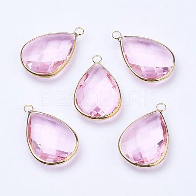 Golden Tone Brass Glass Teardrop Pendants GLAA-M006-A-15G-1