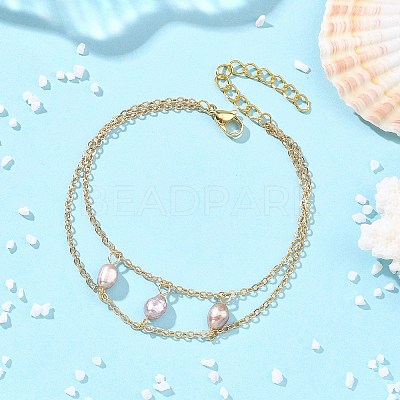 Brass Cable Chains & Rice Natural Cultured Freshwater Pearl Double Layers Bracelets for Women BJEW-JB14135-1