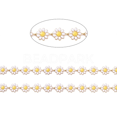 Ion Plating(IP) 304 Stainless Steel Daisy Flower Link Chains with Enamel AJEW-J035-03G-09-1