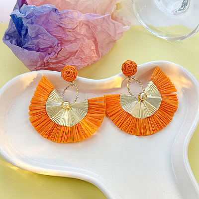 Bohemian Style Fan Alloy Raffia Dangle Stud Earrings FS-WGD68B3-03-1