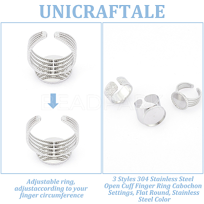 3Pcs 3 Styles 304 Stainless Steel Open Cuff Finger Ring Cabochon Settings STAS-UN0059-66P-1