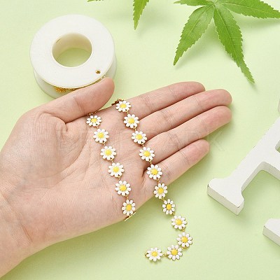 304 Stainless Steel Daisy Flower Link Chains with Enamel AJEW-CJ0001-22B-1
