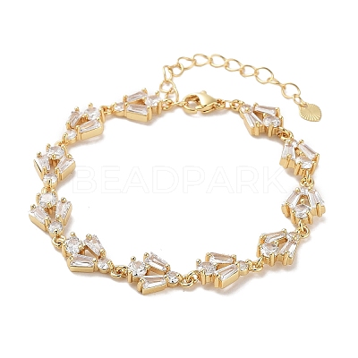 Rack Plating Brass Pave Clear Cubic Zirconia Rectangle & Flat Round Link Chain Bracelets for Women BJEW-R317-10G-1