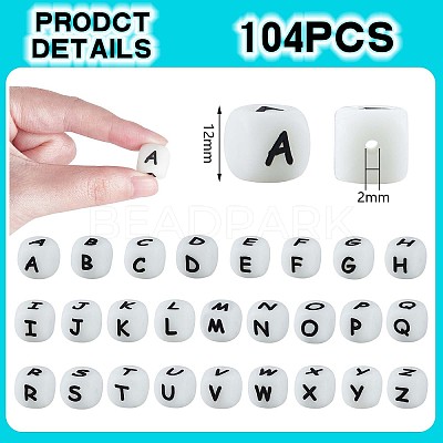 104 Pcs Luminous Cube Silicone Beads Letter Square Dice Alphabet Beads with 2mm Hole Spacer Loose Letter Beads for Bracelet Necklace Jewelry Making JX439A-1