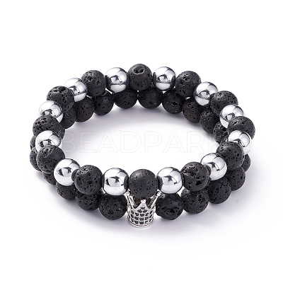 Natural Lava Rock & Non-magnetic Synthetic Hematite Round Beads Energy Power Stretch Bracelets Sett BJEW-JB07051-02-1