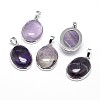 Oval Platinum Plated Brass Natural Amethyst Pendants G-F228-15C-RS-1