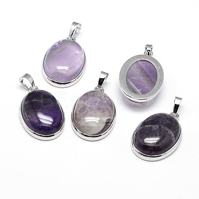 Oval Platinum Plated Brass Natural Amethyst Pendants G-F228-15C-RS-1