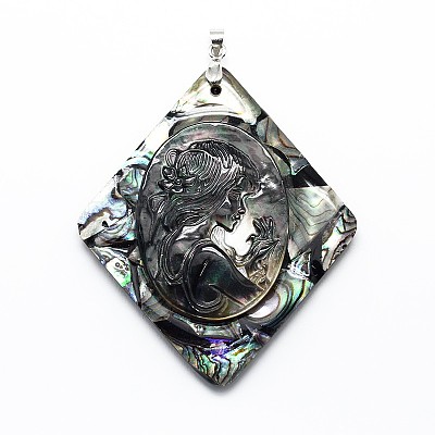 Brass Paua Shell with Black Lip Shell Rhombus Big Pendants SSHEL-F0006-29-01-1