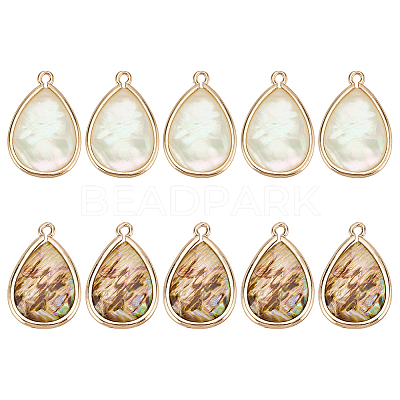 10Pcs 2 Colors Brass Pave Natural Paua Shell Teardrop Pendants DIY-AR0004-79-1