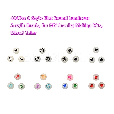480Pcs 8 Style Flat Round Luminous Acrylic Beads DIY-YW0003-01-1
