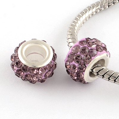 Polymer Clay Rhinestone European Large Hole Beads with Silver Color Plated Brass Cores FPDL-R002-09-1
