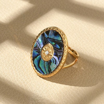 Oval 304 Stainless Steel & Paua Shell & Rhinestone Cuff Rings for Women RJEW-G346-06G-02-1