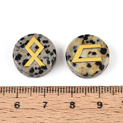 Brass Elder Futhark Alphabet Engraved Symbol Flat Round Natural Dalmatian Jasper Rune Stones G-I373-01D-1