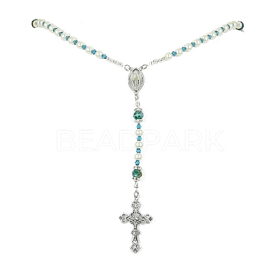 Glass Pearl Rosary Bead Necklace NJEW-TA00082-02-1