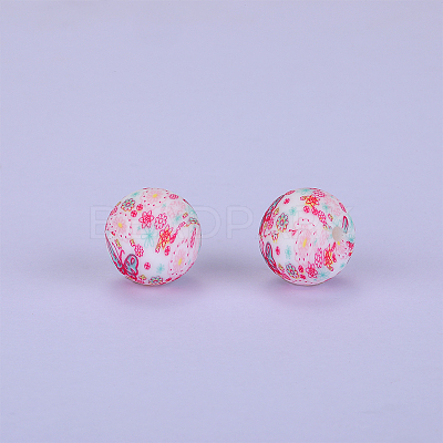 Printed Round with Flower Pattern Silicone Focal Beads SI-JX0056A-174-1