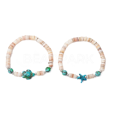 Sea Turtles and Starfish Natural Freshwater Shell Beads Bracelets BJEW-55.0-01-1