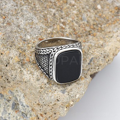 304 Stainless Steel with Natural Black Agate Finger Rings FS-WG67565-02-1