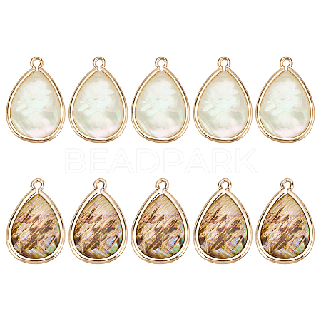 10Pcs 2 Colors Brass Pave Natural Paua Shell Teardrop Pendants DIY-AR0004-79-1