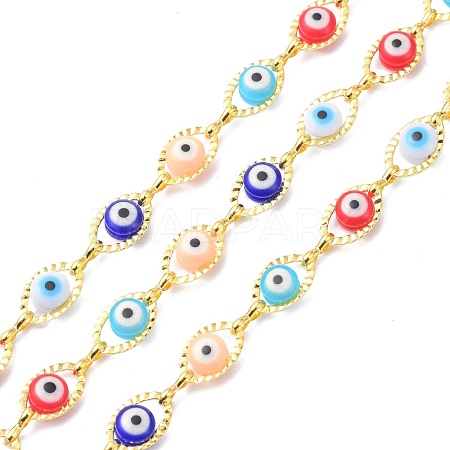 304 Stainless Steel & Evil Eye Glass Beads Link Chain CHS-D034-01G-1