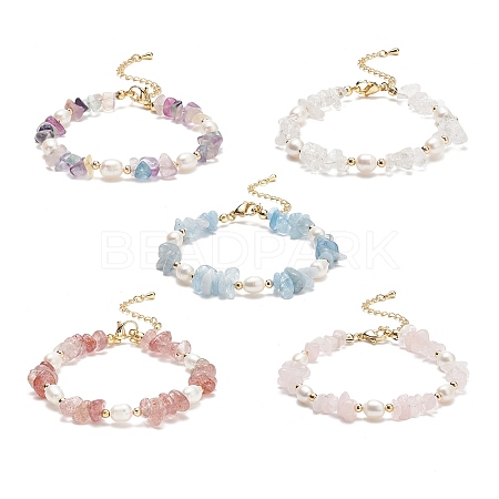 5Pcs 5 Style Natural Mixed Gemstone Chips & Pearl Beaded Bracelets Set for Women BJEW-JB08778-1