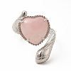 Natural Rose Quartz Heart with Snake Open Cuff Ring RJEW-P082-02P-12-3