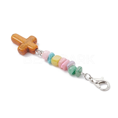 Synthetic Turquoise Cross with Natural Freshwater Shell Nuggets Pendant Decorations HJEW-JM04256-1