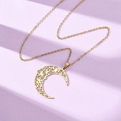 304 Stainless Steel Hollow Flower Moon Pendant Cable Chain Necklaces for Men Women NJEW-K308-01A-G-1
