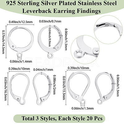60Pcs 3 Styles 304 Stainless Steel Leverback Earring Findings STAS-BBC0008-30B-1