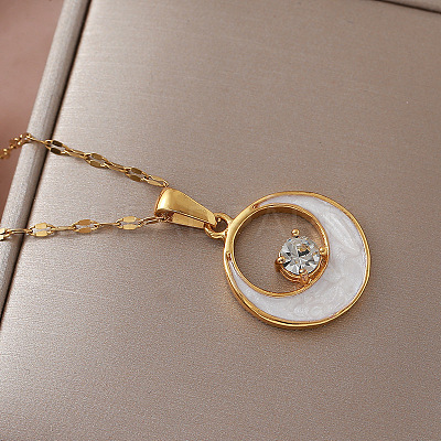 Vintage 304 Stainless Steel Resin Moon Pendant Necklaces with Clear Glass for Women IK8705-1