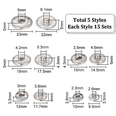 75 Sets 5 Style 202 Stainless Steel Snap Buttons BUTT-UN0001-20-1
