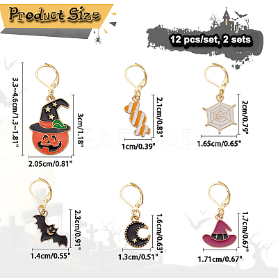 Halloween Theme Alloy Enamel Spider Web/Bat/Wicth Hat Charm Locking Stitch Markers HJEW-PH01708-1
