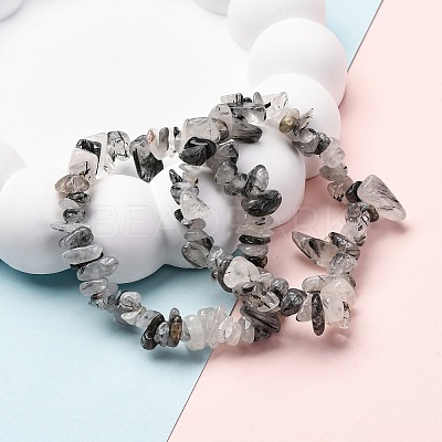 Natural Tourmalinated Quartz/Black Rutilated Quartz Stretch Bracelets BJEW-JB03681-01-1