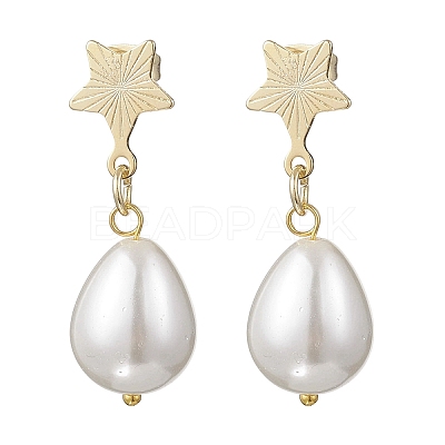 Brass Naturl Shell Pearl Star with Teardrop Dangle Stud Earrings EJEW-JE06742-1