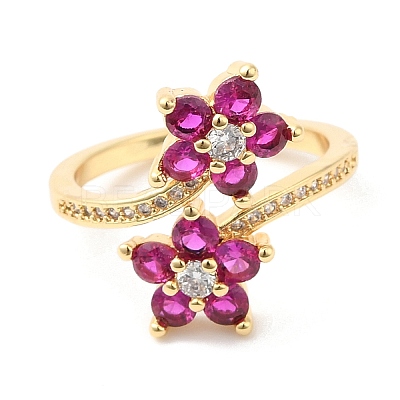 Cubic Zirconia Flower Open Cuff Rings RJEW-L106-009G-01-1