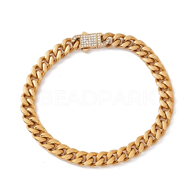 Ion Plating(IP) 304 Stainless Steel Curb Chains Bracelet with Crystal Rhinestone Padlock Clasp for Women BJEW-E107-01G-01-1
