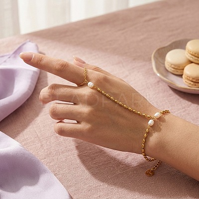 Natural Freshwater Pearl 304 Stainless Steel Rice Bead Hand Chain Ring Bracelets for Women PW2633-1