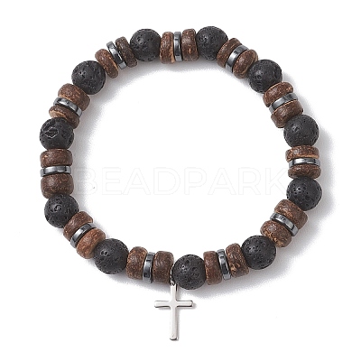 Adjustable Natural Coconut & Lava Rock Beads Stretch Bracelets BJEW-JB13285-01-1