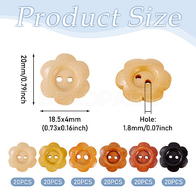 120Pcs 6 Colors 2-Hole Wood Flower Buttons BUTT-TA0001-40C-1